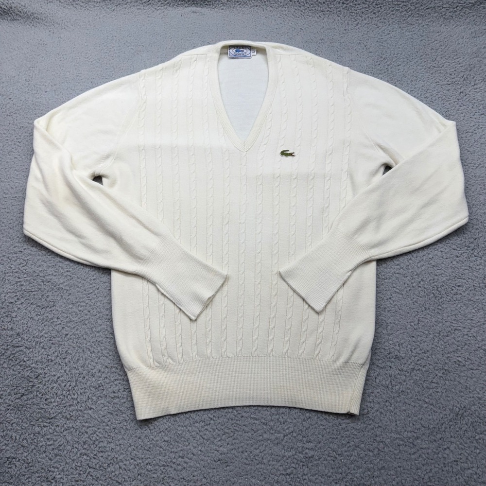 Izod Lacoste Men Large Vintage Cream V-Neck Crocodile Logo Cable‎ Knit Sweater
